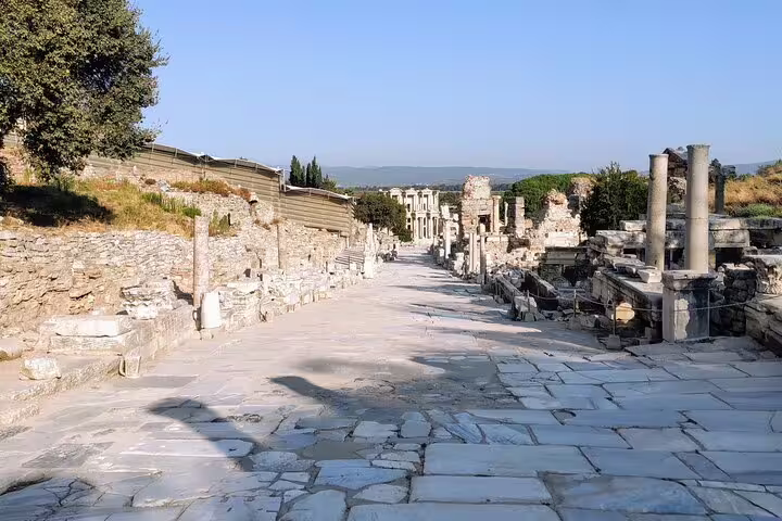 Marble Curetes Street in ancient Ephesus ruins, scenic stop on an all-inclusive private half-day tour with lunch