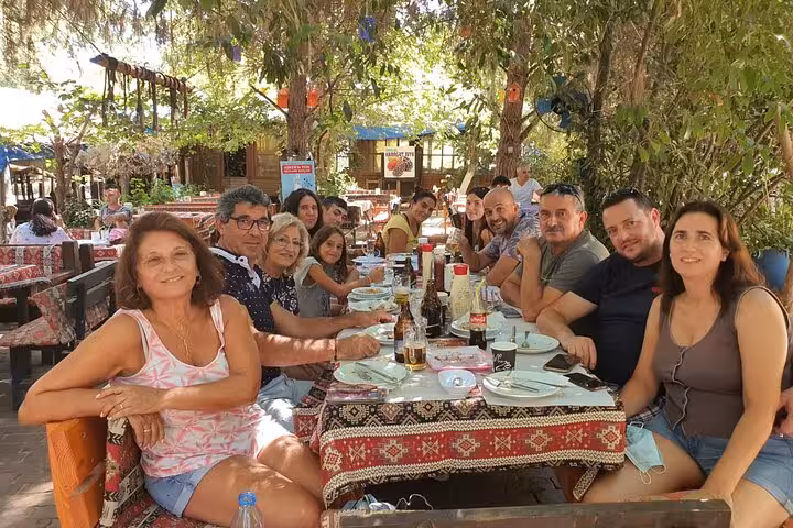 Tour group enjoying Turkish lunch stop on Ephesus and House of Mary tour from Bodrum