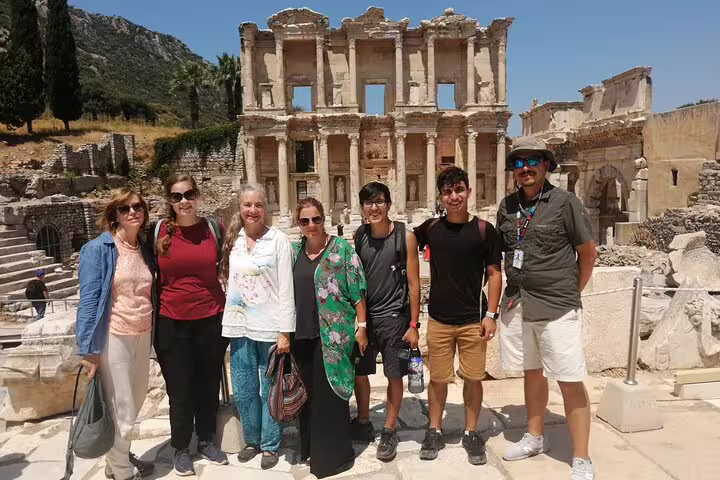 Group photo at Ephesus Library of Celsus ruins, guided Ephesus & Istanbul combined 2 tours experience