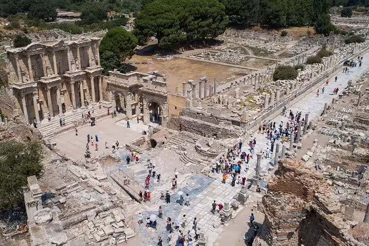 Aerial view of Ephesus showcasing the historic Library of Celsus, offering a glimpse into ancient Roman architecture.