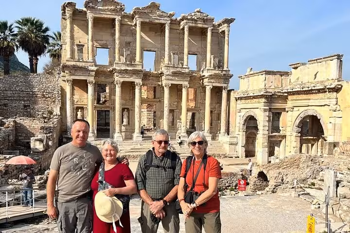 Cruise travelers at Ephesus Library of Celsus on biblical Ephesus tour with House of Mary and St John Church