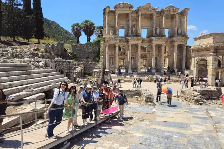 Group photo at Ephesus Library of Celsus ruins, highlight of 8-day Cappadocia Ephesus Pamukkale Antalya tour
