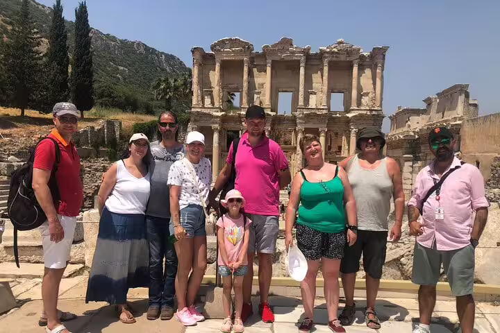 Cruise guests group photo at Ephesus Library of Celsus on private Kusadasi Port shore excursion tour