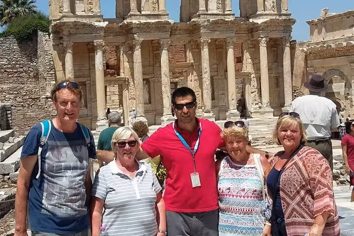 Small group with guide at Library of Celsus on skip-the-line half-day private Ephesus tour from cruise port