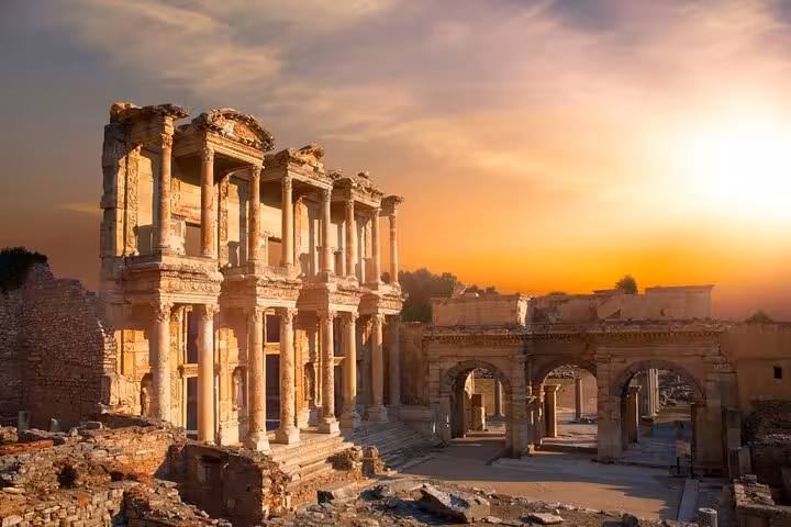 Ephesus Library of Celsus at sunset in Selcuk, must-see stop on 7 day 6 night express Turkey tour