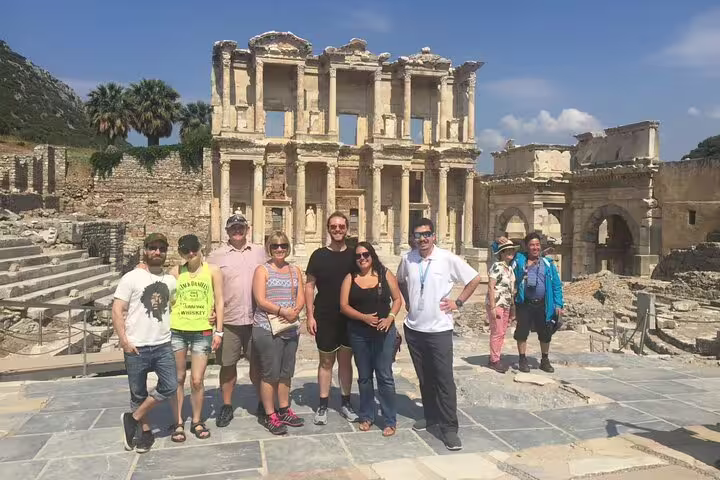 Mini group at Ephesus Library of Celsus ruins on a 7-day guided Western Turkey tour from Izmir