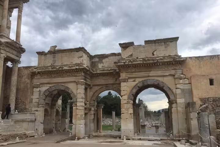 Ancient marble arches at Ephesus ruins on a private tour to St. John Basilica and House of Mary with lunch