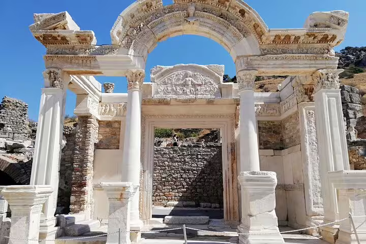 Ornate marble archway in Ancient Ephesus ruins on private guided tour with St. John Basilica and lunch