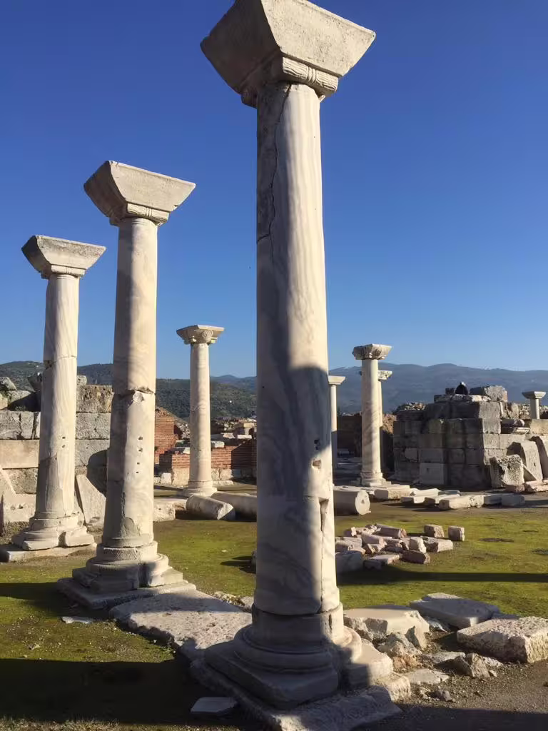 Tall marble columns at Ephesus archaeological site, Turkey, on all-inclusive private Ephesus and St. John tour