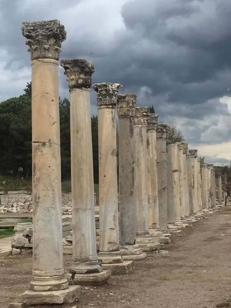 Ancient marble columns along Ephesus ruins on private all-inclusive Ephesus and Virgin Mary House tour