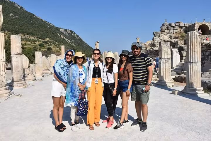 Friends at the Marble Street ruins in Ephesus on a skip-the-line Kusadasi Cruise Port tour with expert guide