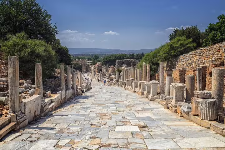 Explore the ancient Marble Street of Ephesus with historic columns on a skip-the-line private tour from Kusadasi Port.