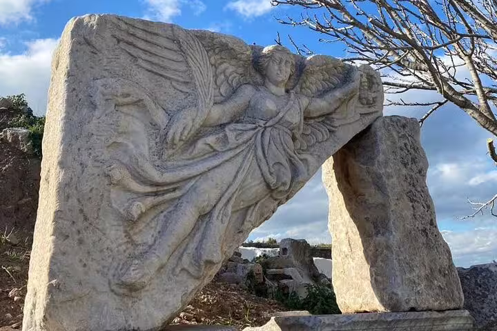 Winged Nike relief carved in stone at Ephesus, seen on private tour with Artemis Temple and Sirince