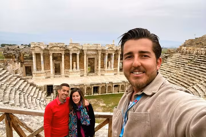 Tour guide selfie at Ephesus Great Theatre during 2-day Ephesus & Pamukkale tour from Istanbul