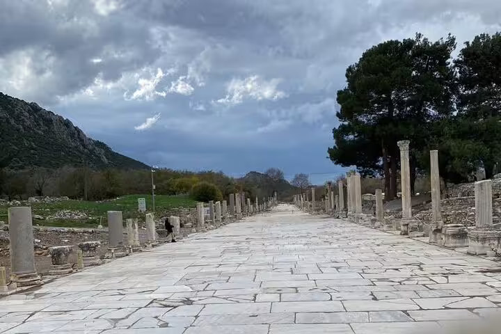 Ancient marble street with columns at Ephesus ruins, stop on Seven Churches of Revelation 5-day mini tour
