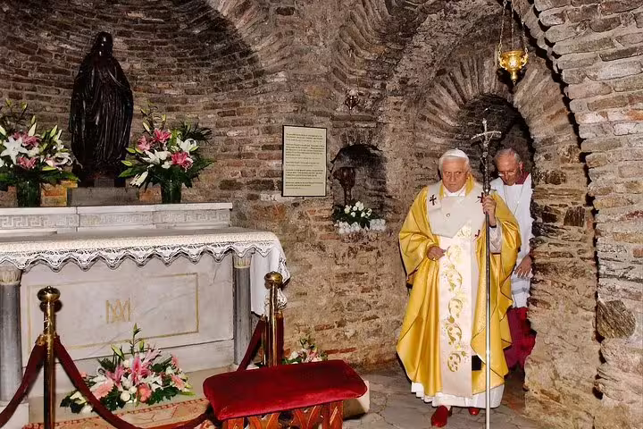 Sacred chapel interior near Ephesus with altar and clergy, cultural visit on 4-day mini group tour from Izmir
