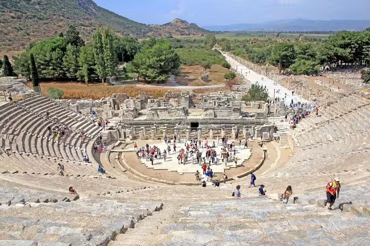 Ephesus Great Theatre amphitheater with visitors, featured on 3-day Ephesus Pamukkale Pergamum mini group tour