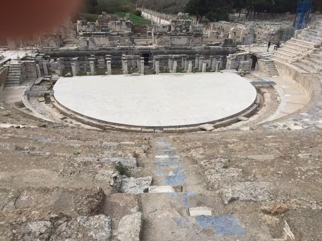 Ancient Ephesus theatre stage and stone seating on private all-inclusive tour with lunch from Kusadasi