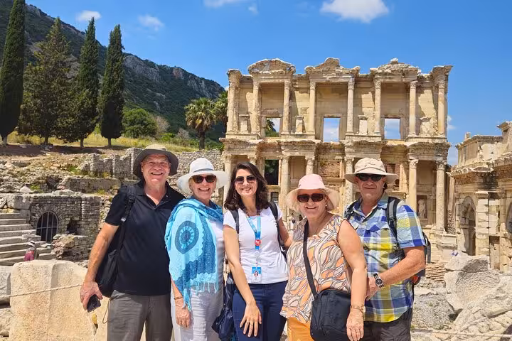 Small group at Library of Celsus during Ephesus tour from Izmir hotels, guided Turkey sightseeing