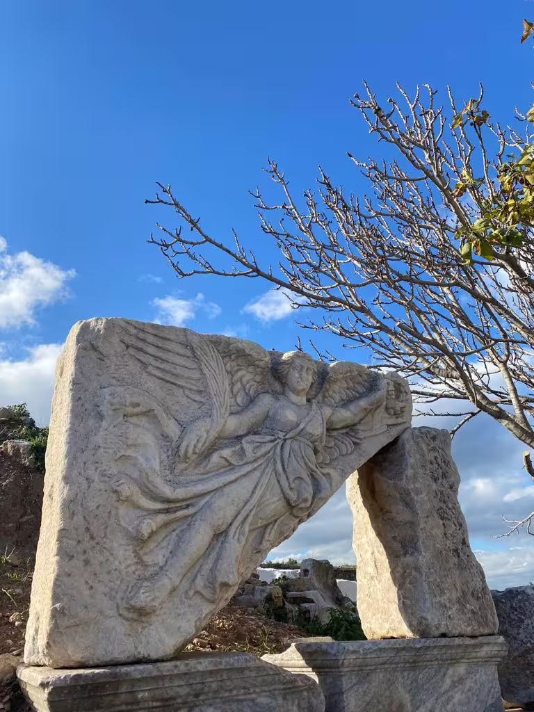 Winged relief carving at Ephesus ruins, scenic stop on Bodrum to Ephesus private tour including Terrace Houses