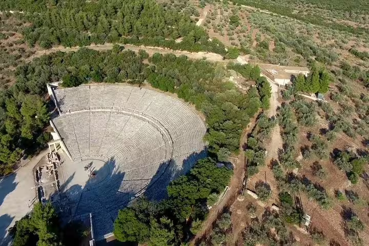 Aerial view of Epidaurus ancient theater, key stop on private Athens day tour to Corinth and Mycenae