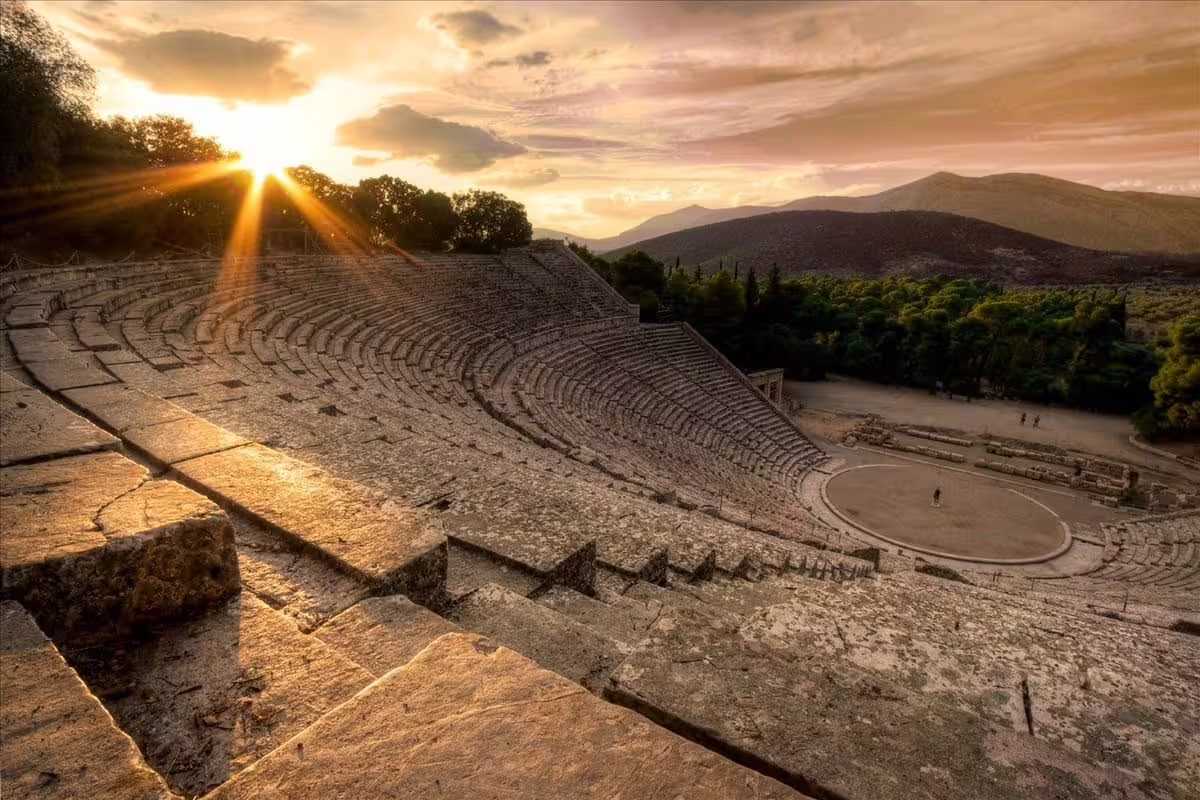 Sunset over the Ancient Theatre of Epidaurus on a private tour from Athens to Corinth and Isthmus Canal
