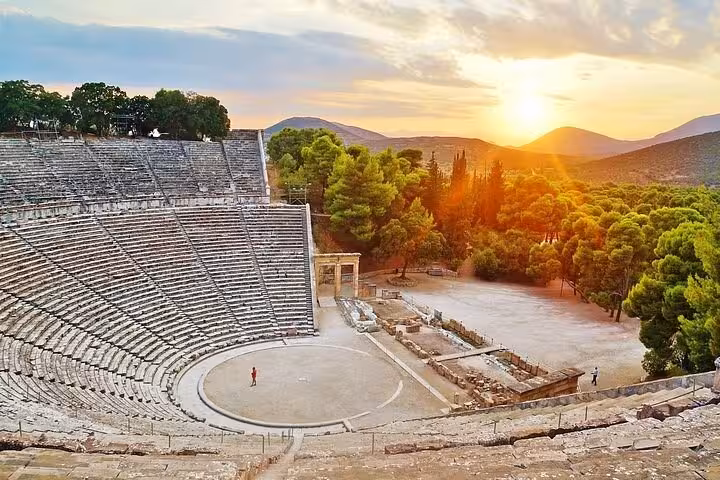 Sunset view over Ancient Theater of Epidaurus amphitheater on Nafplio private luxury tour via Corinth Canal