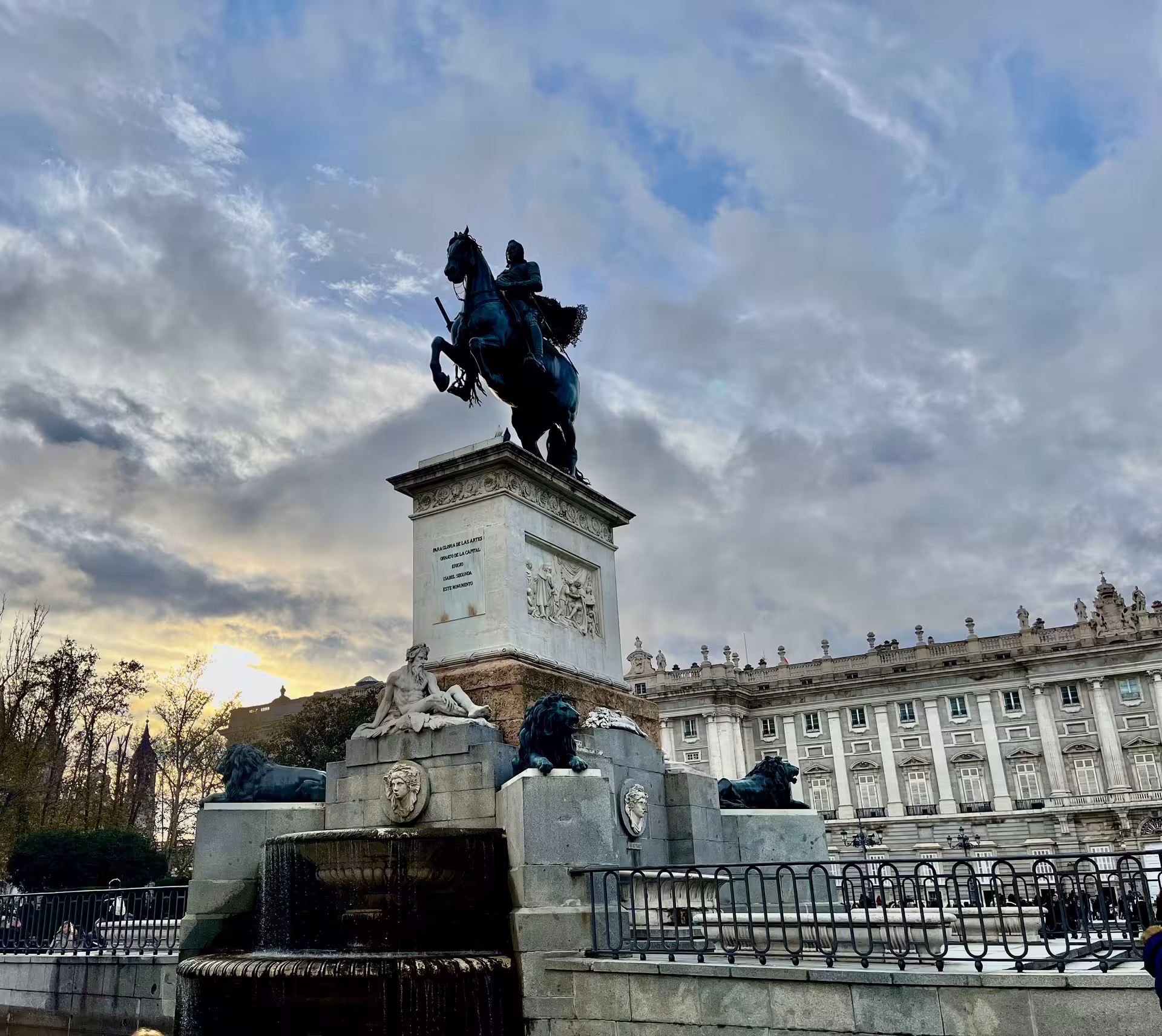 Equestrian statue at Plaza de Oriente by Madrid Royal Palace during Historias Locales walking tour