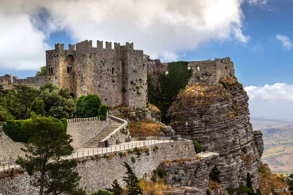 Medieval Erice castle on a rocky cliff, Sicily stop on Palermo to Agrigento tour with Erice and Segesta