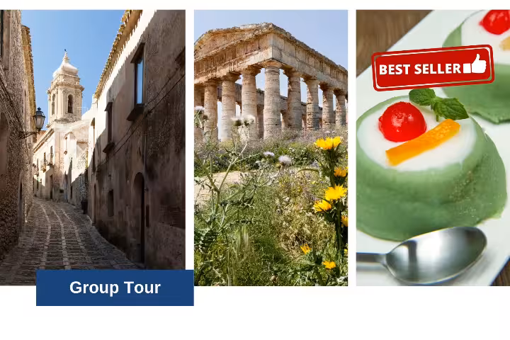 Collage of Erice alley, Segesta temple ruins and Sicilian dessert, featured on Erice and Segesta group tour from Palermo