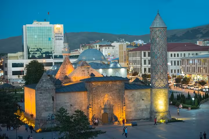 Erzurum Yakutiye Medrese at dusk, illuminated Seljuk architecture on a private guided 2-day tour
