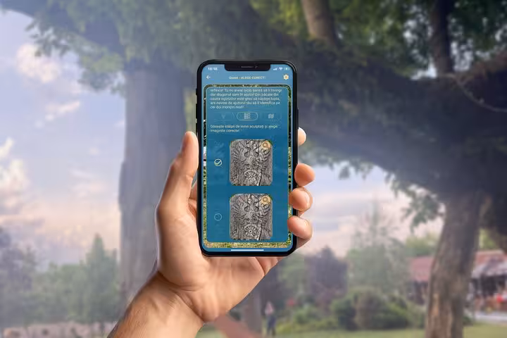 Player holding phone showing escape game puzzle with image selection challenge on self-guided GPS scavenger hunt walking tour app