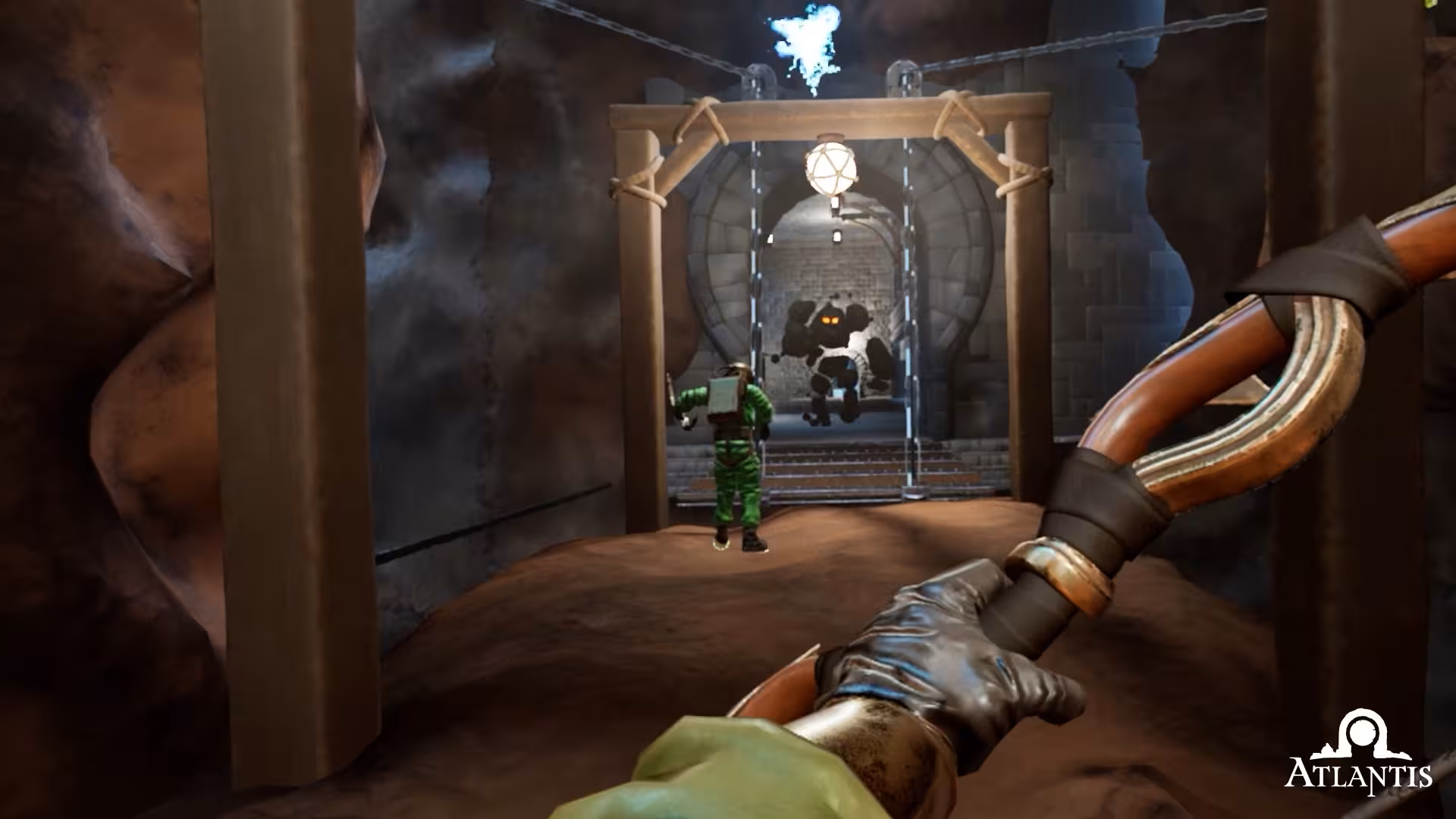 First-person view in Atlantis escape room, player holding tool in a cave tunnel during Escape Room 60' mission