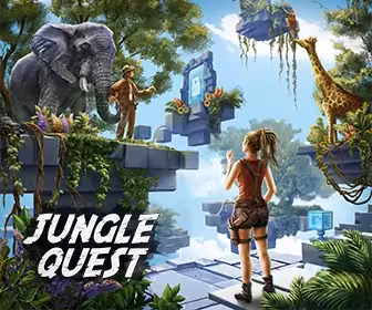 Escape Room 60' Jungle Quest with explorers, elephant and giraffe in lush ruins, family-friendly escape game