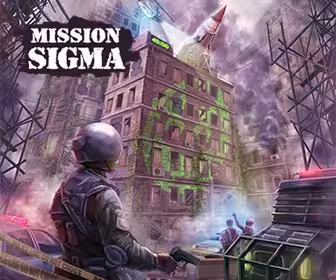 Escape Room 60' Mission Sigma scene with agent in ruined city and rocket, high-tech spy escape adventure