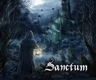 Dark Sanctum Escape Room 50' scene with hooded figure and lantern by haunted church, eerie mystery puzzle adventure