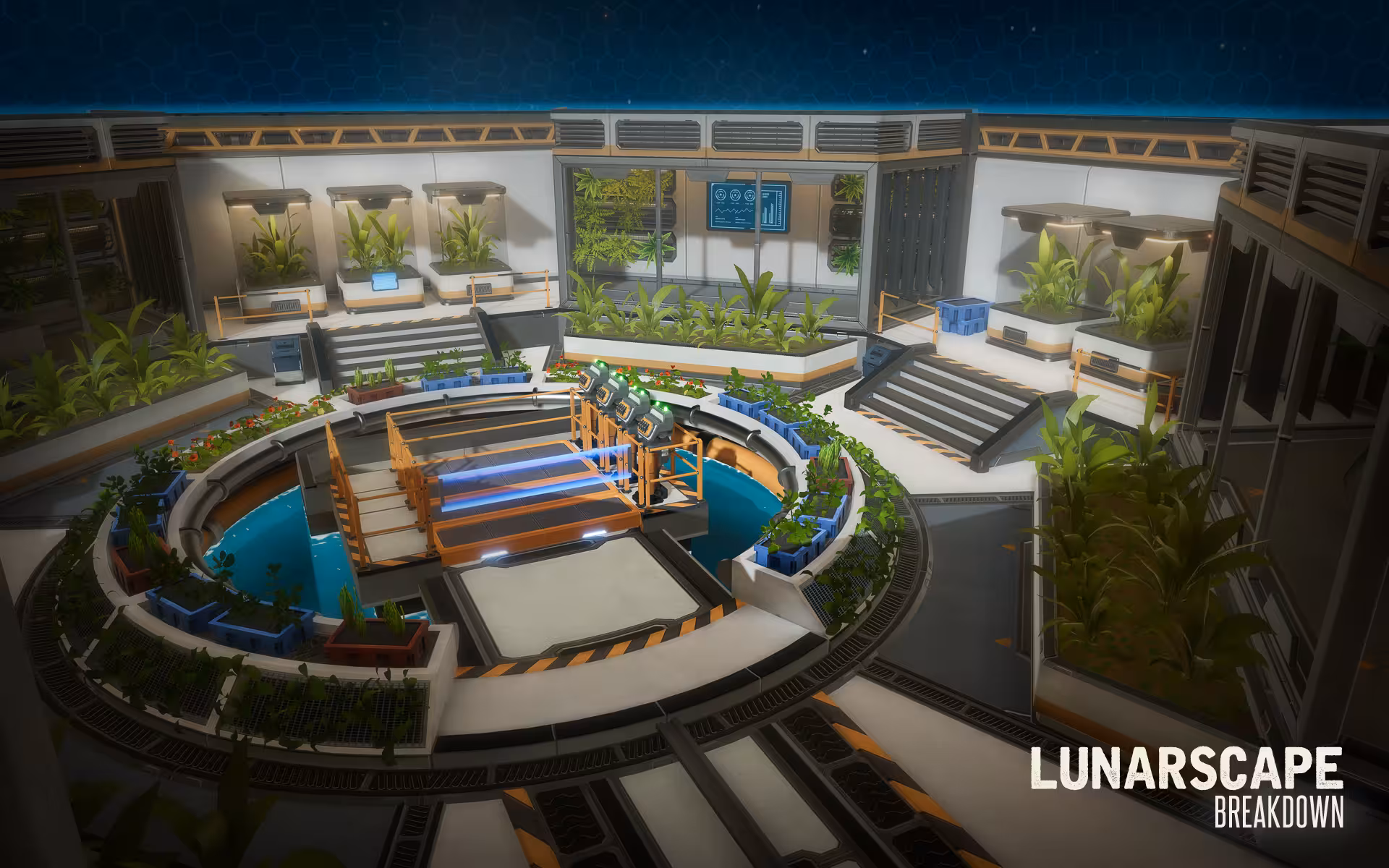 Futuristic greenhouse hub in Escape Room Free Roam 30', with circular walkway, hydroponic plants, and tech consoles