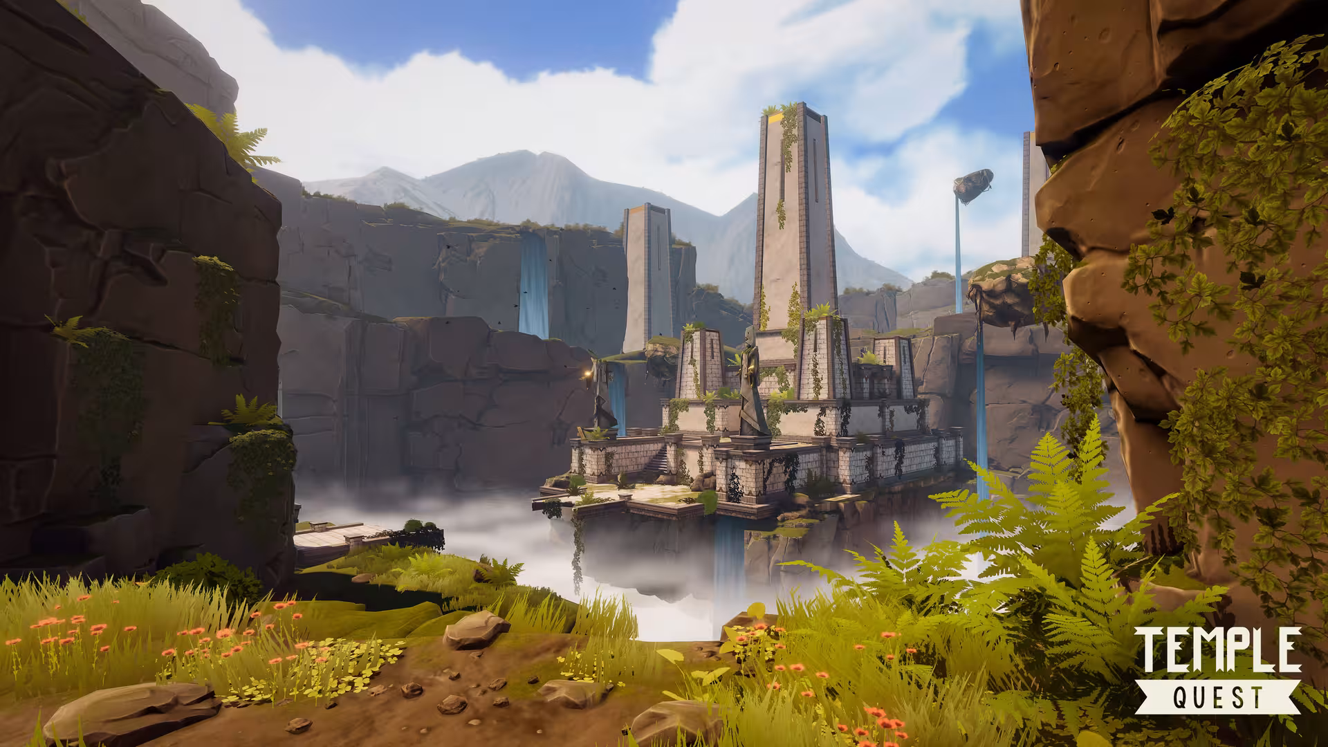Escape Room Free Roam 30' temple quest scene with cliffside ruins, waterfalls and misty canyon views