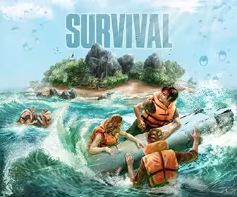Survival Escape Room 50' artwork with raft in stormy waves near island, teamwork challenge and puzzle adventure