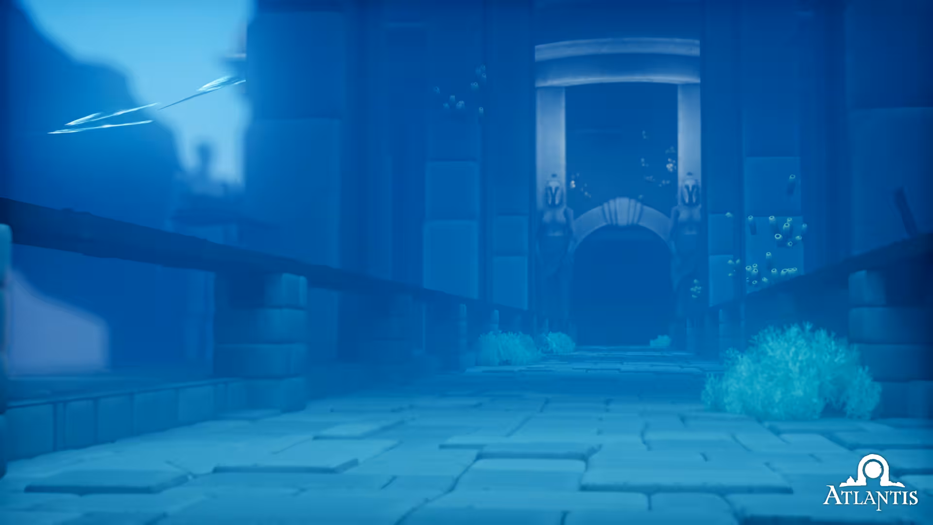 Underwater Atlantis corridor leading to a temple gate, immersive Escape Room 60' puzzle adventure scene