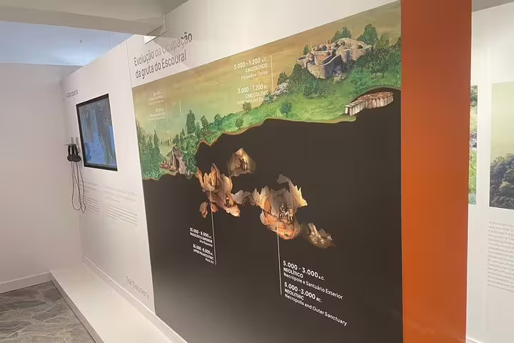 Detailed timeline display of Escoural Caves' history, showcasing archaeological significance for guided tours.