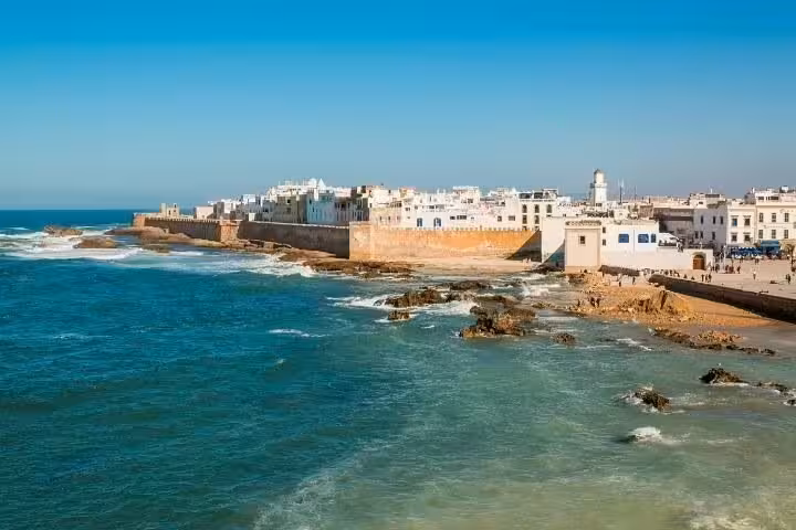 Essaouira medina ramparts and Atlantic seafront view, featured on a private day trip from Marrakech