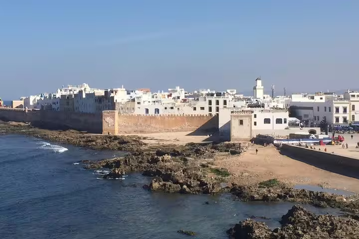 Atlantic coast ramparts and white medina skyline in Essaouira, scenic stop on 12-day Morocco desert tour from Agadir