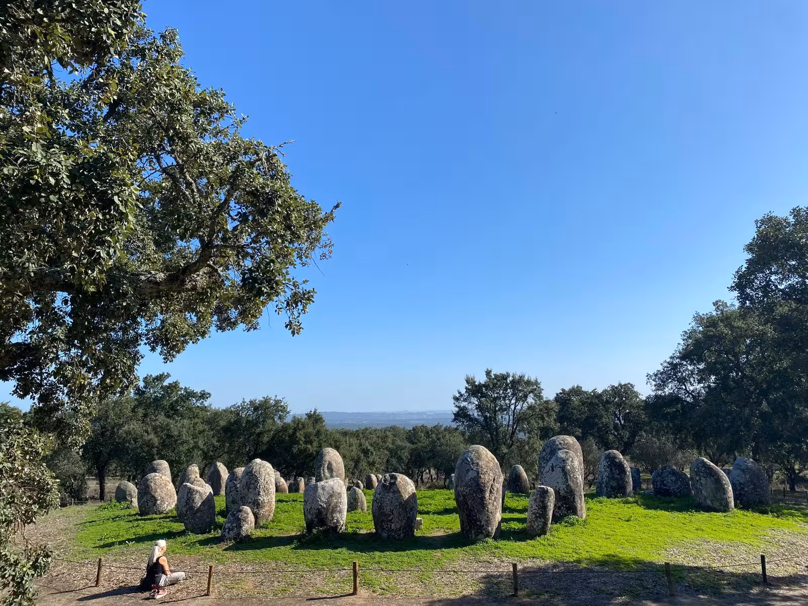 Explore Évora's ancient stone circles surrounded by lush greenery and clear blue skies on a cultural tour.
