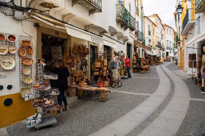 Charming street in Évora lined with shops offering local crafts and souvenirs on a private walking tour.