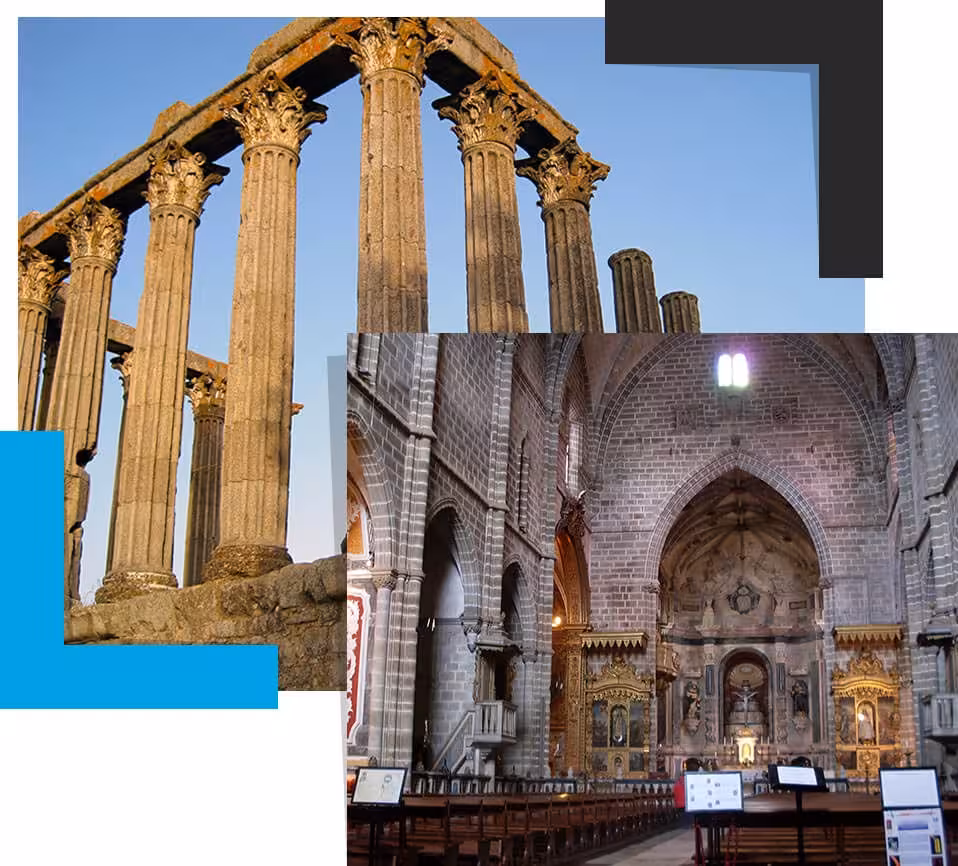 Évora Roman Temple columns and Sé Cathedral interior, highlights on a guided UNESCO city walking tour