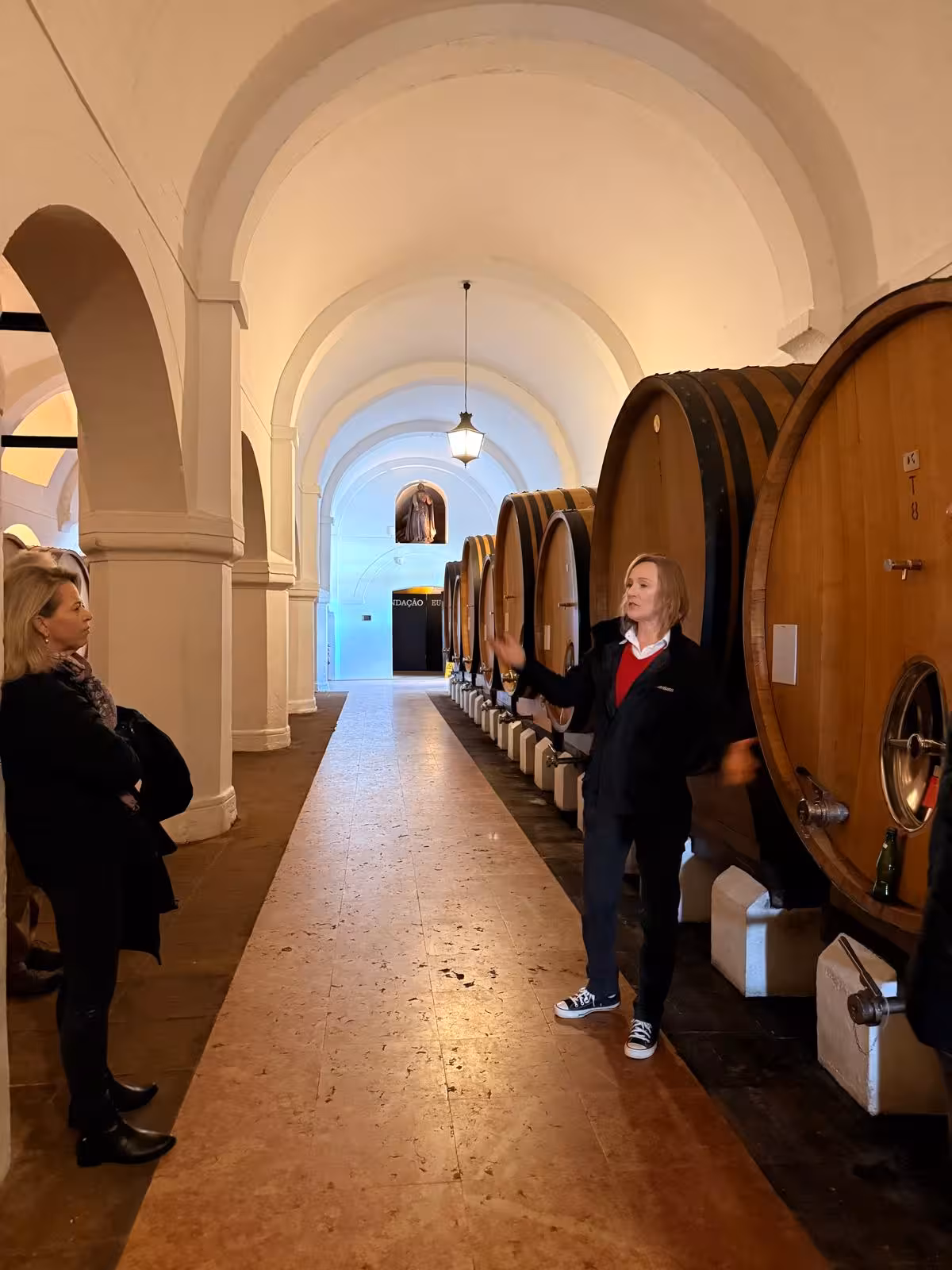 Guide explains wine aging process beside oak barrels at Évora's renowned winery on private cultural tour.