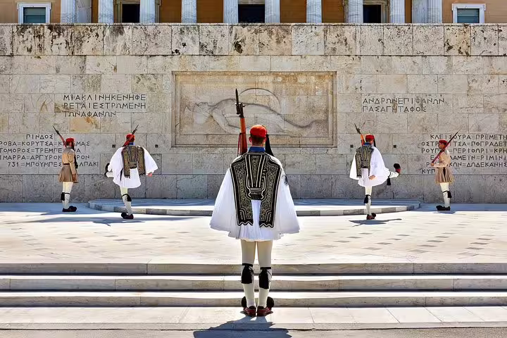 Evzones changing of the guard at Syntagma Square on a Best of Athens full-day private tour