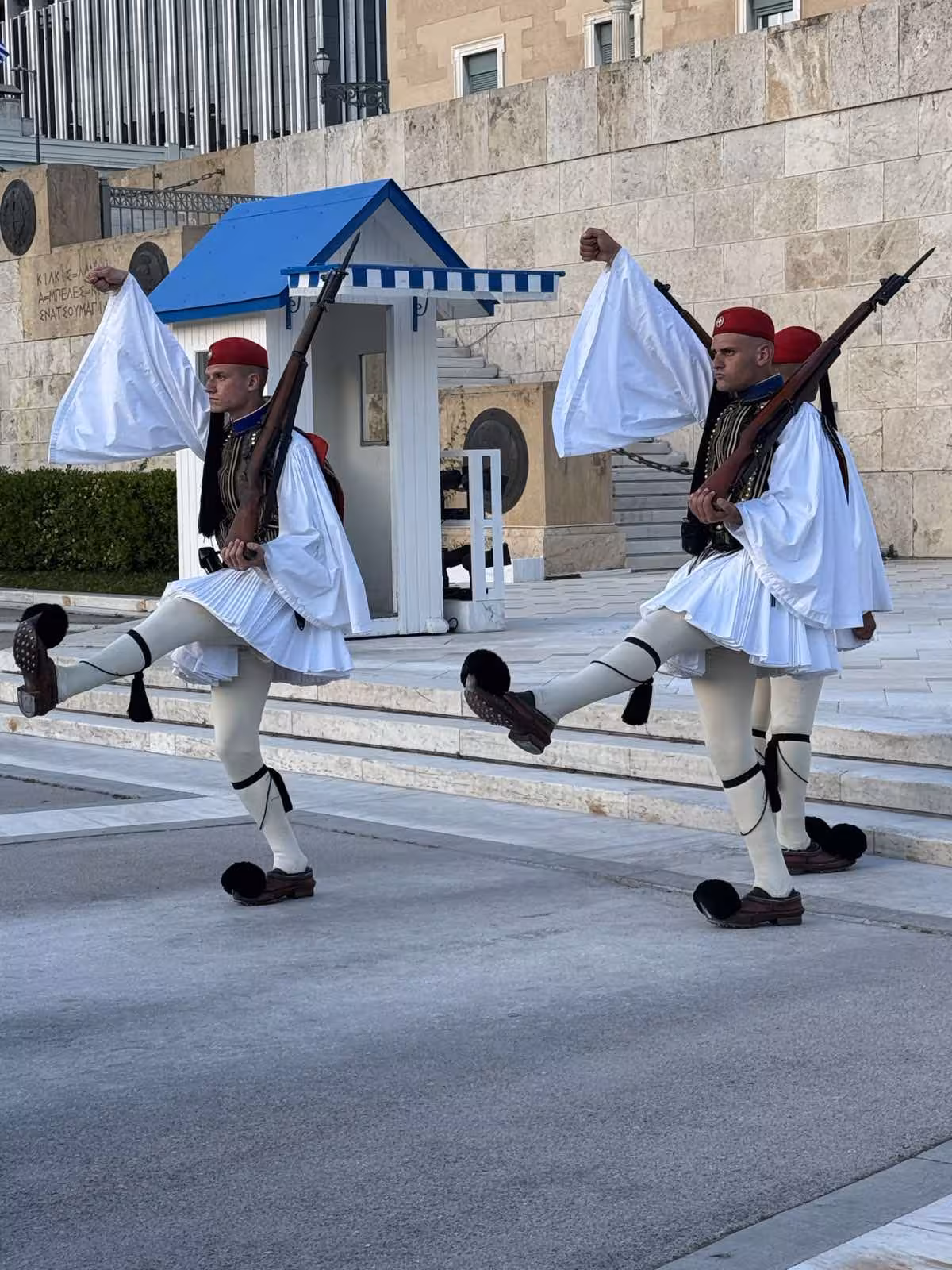 Evzones guards performing the changing of the guard at Syntagma, on a private Athens tour by car