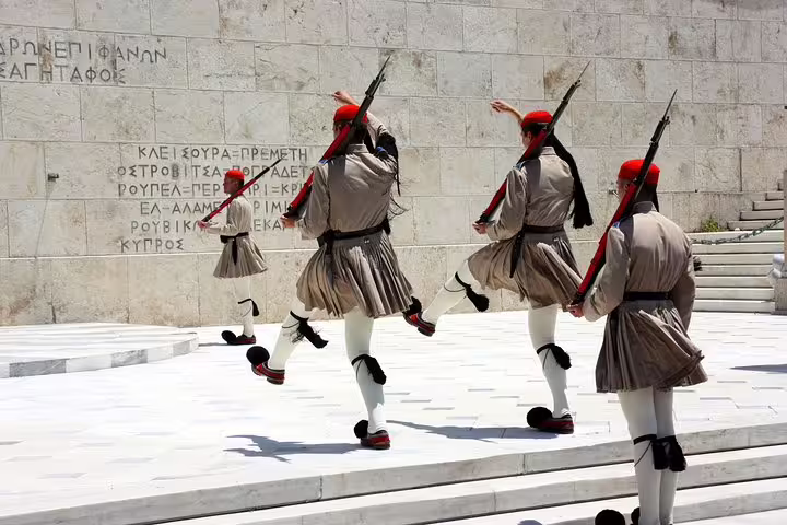 Evzones guards changing of the guard at Syntagma Square, featured on an Athens private walking tour to Acropolis